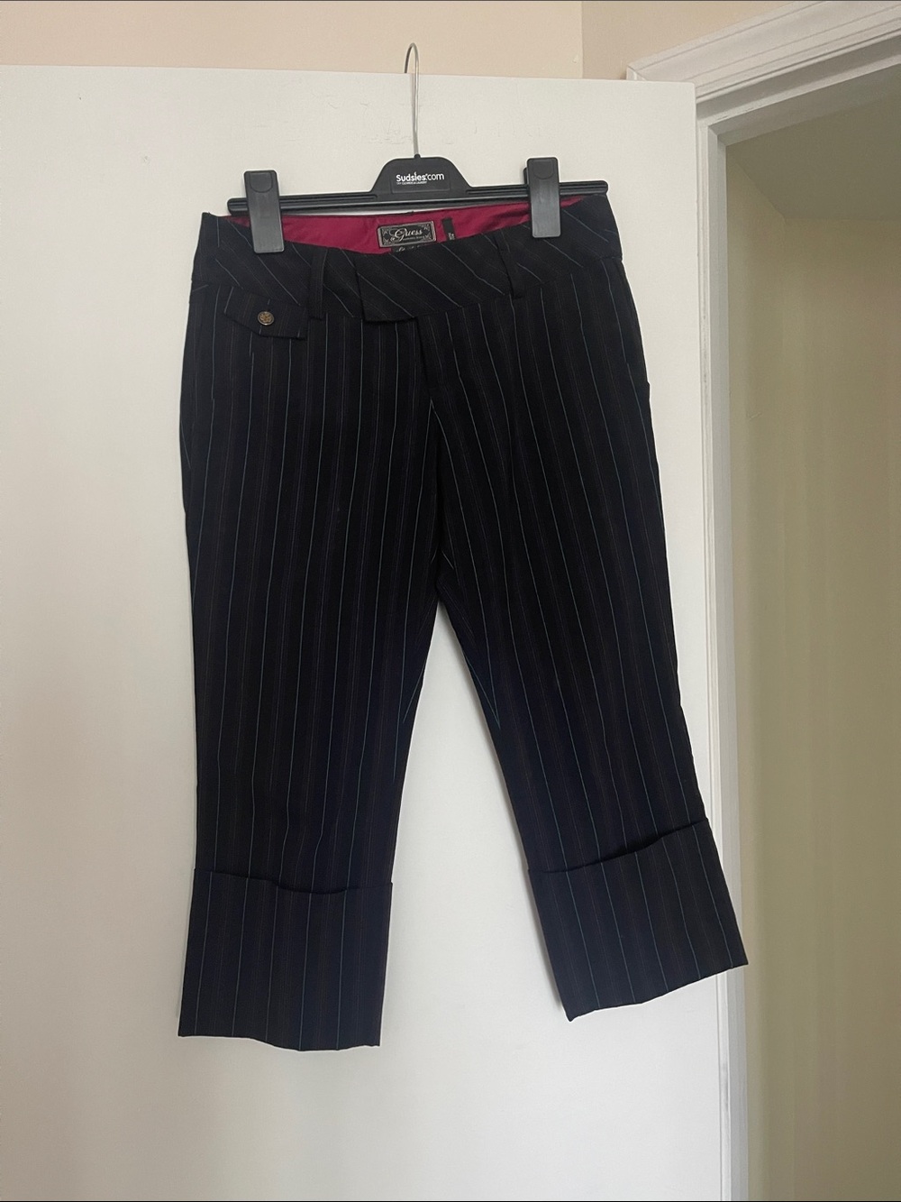 Pinstripe Cropped Dress Pants - Black with Subtle Pinstripes